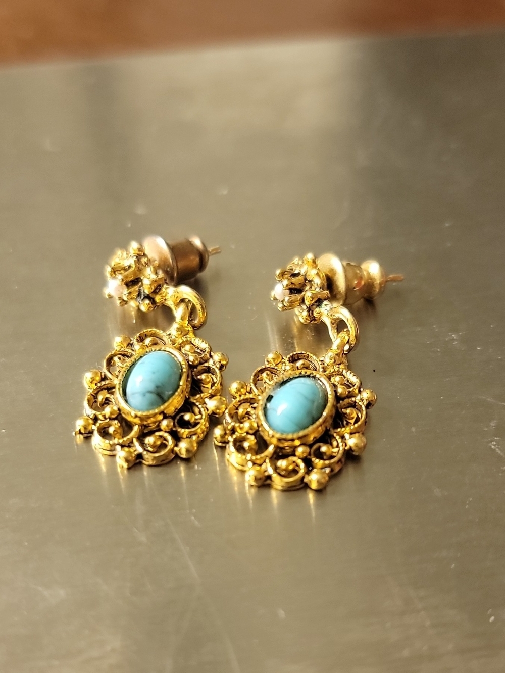 Gold Filigree Drop Earrings with Turquoise Stone